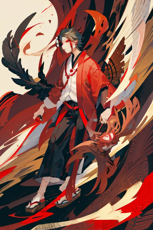 Japanese man with black hair, red eyes and a Japanese scenery background and a tengu mask on his face