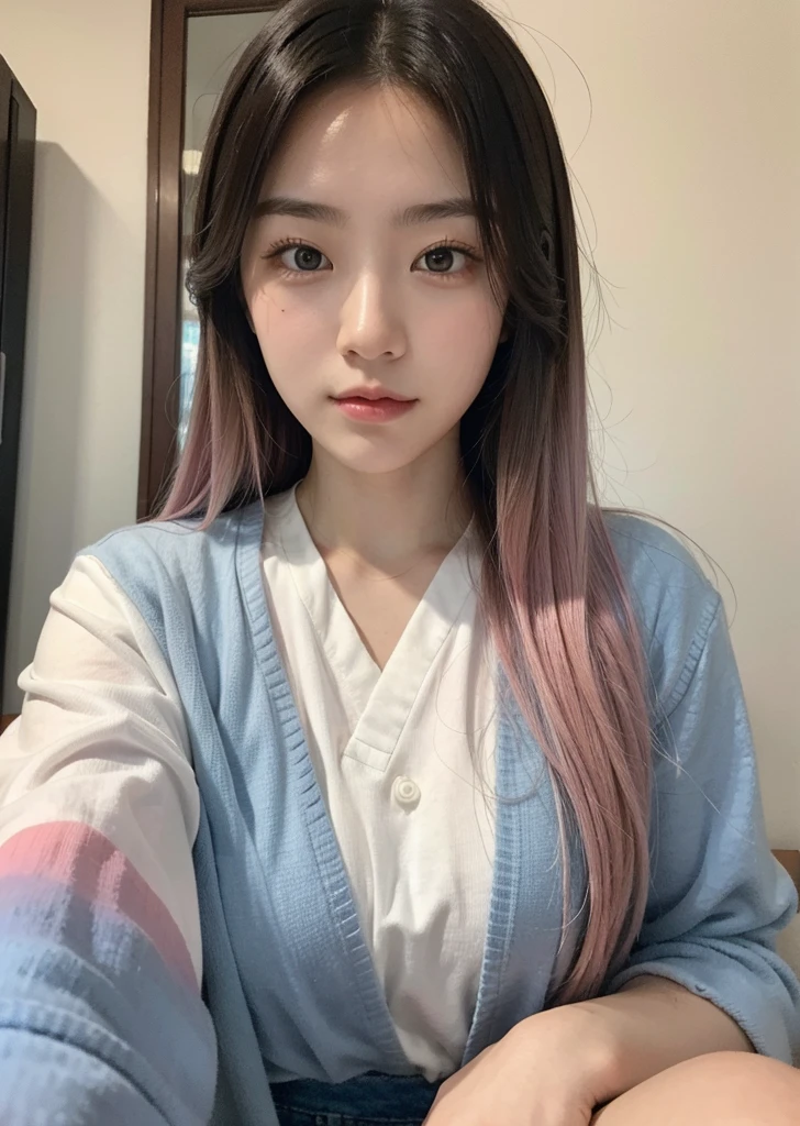 taken with iphone camera BREAK medium shot selfie of a pretty young japanese woman BREAK (ombre:1.3) blonde pink BREAK film grain, medium quality