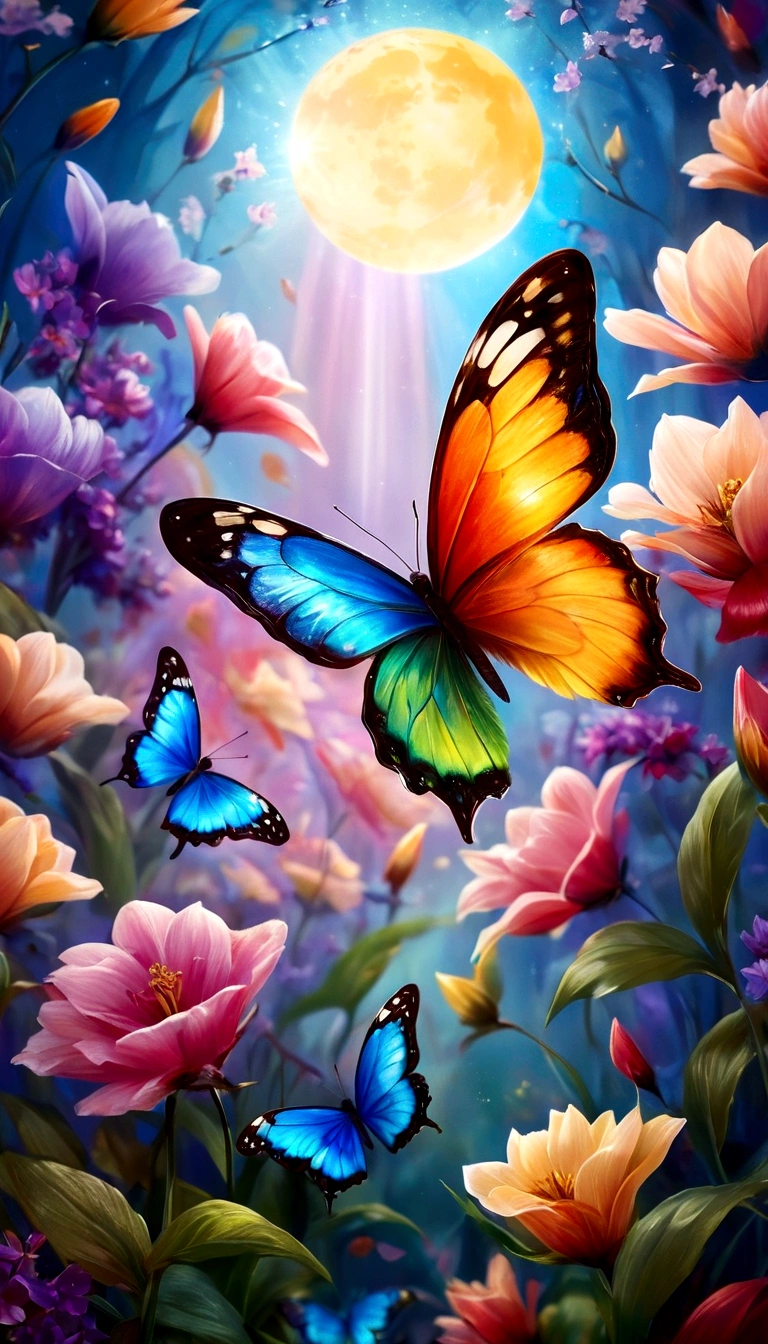 moon light,the arrival of spring, various beautiful flower
, Beautiful Rainbow-colored feathers swallowtail butterfly,angles looking up from below, various jewels falling from the sky, wonderful and beautiful superb view, slightly hazy, fantastic, high resolution, 8K, (best quality, highres, realistic:1.37), shiny metallic flowers, intricate and delicate petals, reflective surfaces, vibrant colors, intricate details, close-up view, surreal garden, surreal beauty, dreamy atmosphere, fine art, abstract botanicals, metallic sculpture, contrasting textures, ethereal glow