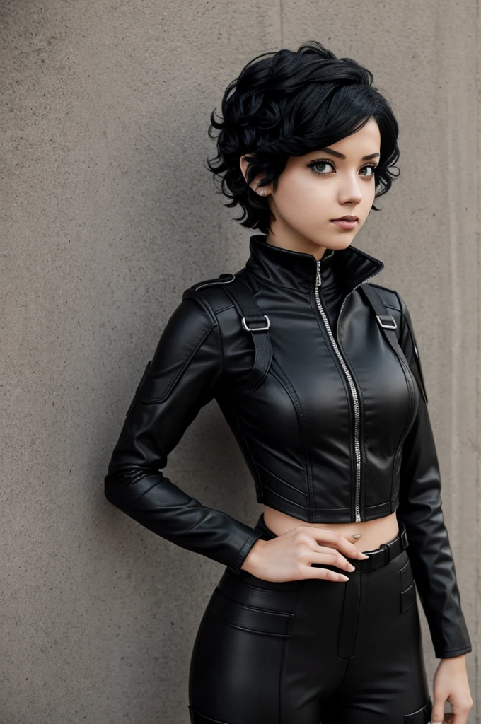 Girl with black curly short hair black goth hero suit in my hero academia style