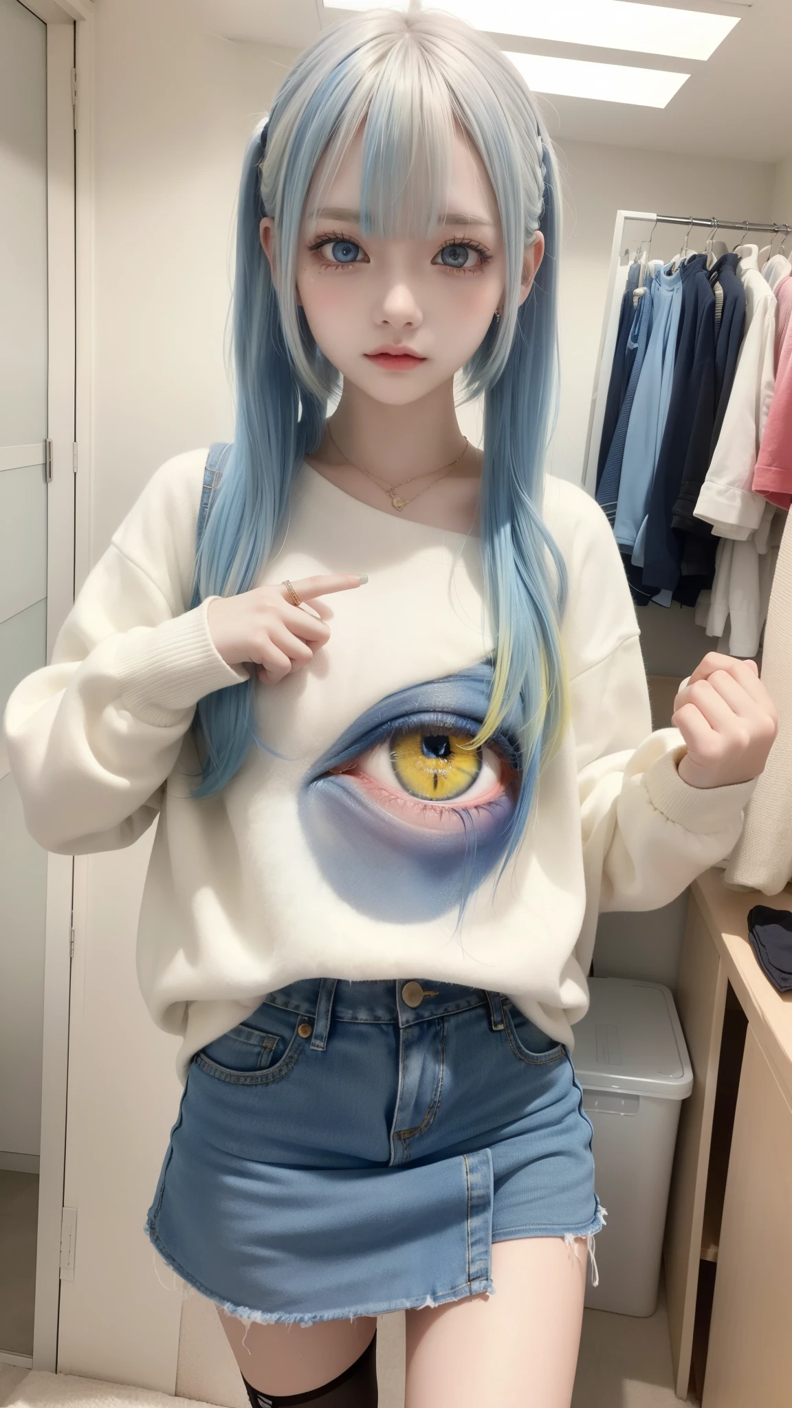 masterpiece, best quality, highly detailed,1girl,indoors, adult, split-color hair, yellow and Blue hair, Narrow, sharp eyes、, clothes, blue eyes、From head to toe、mini skirt、