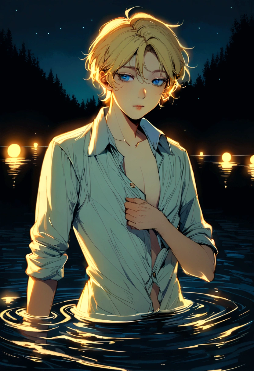 semi realistic art style, 90's aesthetic, deitailed textures, soft and warm light, young man(pale skin, short messy blonde hair, blue eyes, soft face, skinny body tipe), bathing in the lake at night, unbuttoning his shirts
