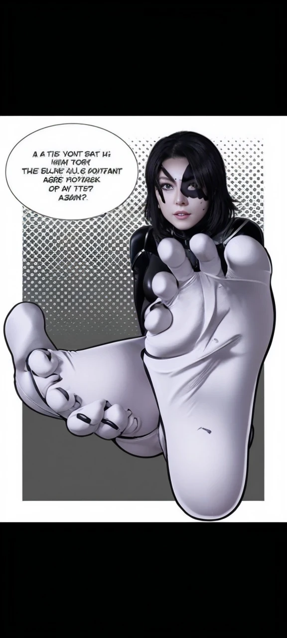 a woman, black and white skintight costume, gray skin, black spot on left eye, short black hair, one white strand of hair, blue eyes, black boots,
a woman, black skintight costume, gray skin, black spot on left eye, short black hair, blue eyes, belt,
