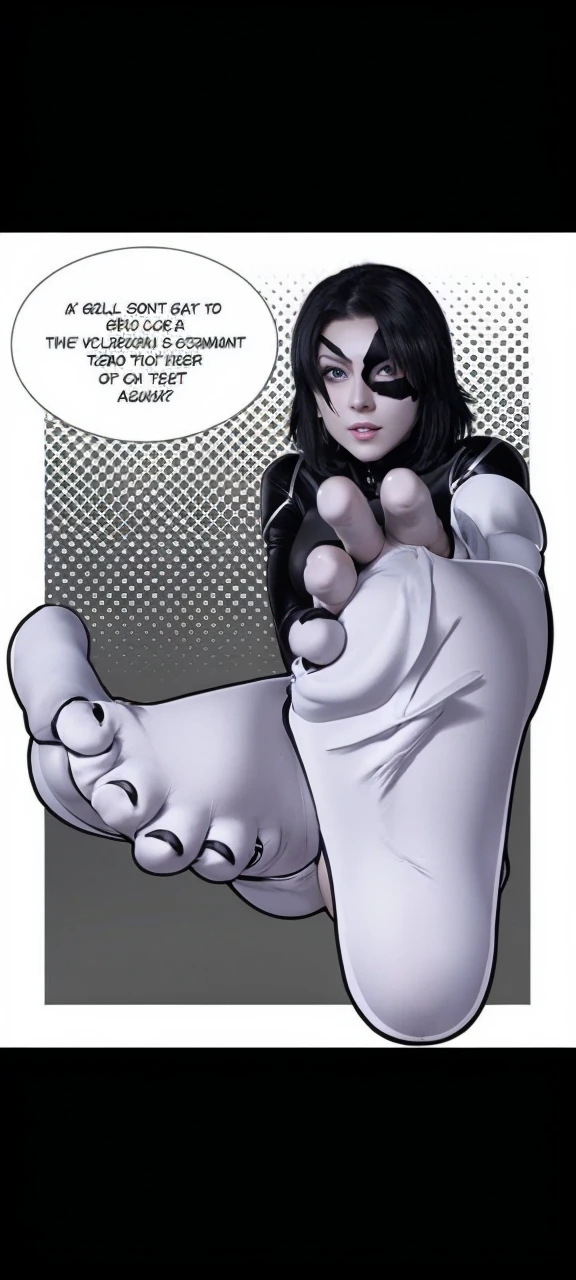 a woman, black and white skintight costume, gray skin, black spot on left eye, short black hair, one white strand of hair, blue eyes, black boots,
a woman, black skintight costume, gray skin, black spot on left eye, short black hair, blue eyes, belt,