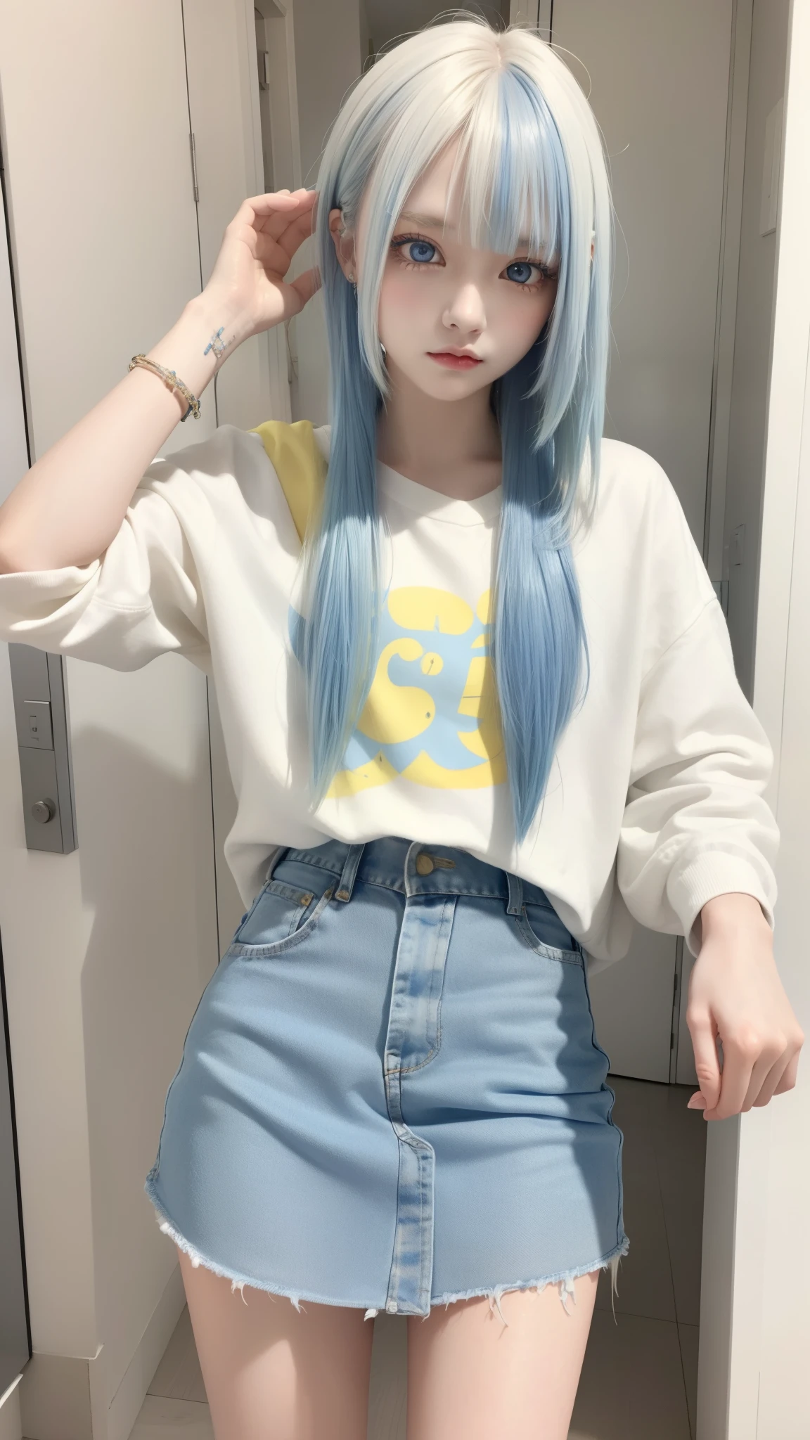 masterpiece, best quality, highly detailed,1girl,indoors, adult, split-color hair, yellow　and　Blue hair, Narrow, sharp eyes、, clothes, blue eyes、From head to toe、mini skirt、