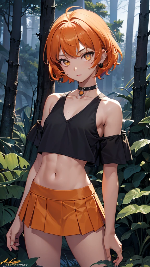 solo, 1girl, (masterpiece), ((16 year old appearance)), short hair, ahoje, mohalk hair, small breasts, yellow eyes, ((detailed eyes)), (athletic body), (simple black cropped), Black top with red details, Looking at the screen, orange lipstick, visible abs, small mini skirt, navel, (collarbone), (dark forest scenery background)