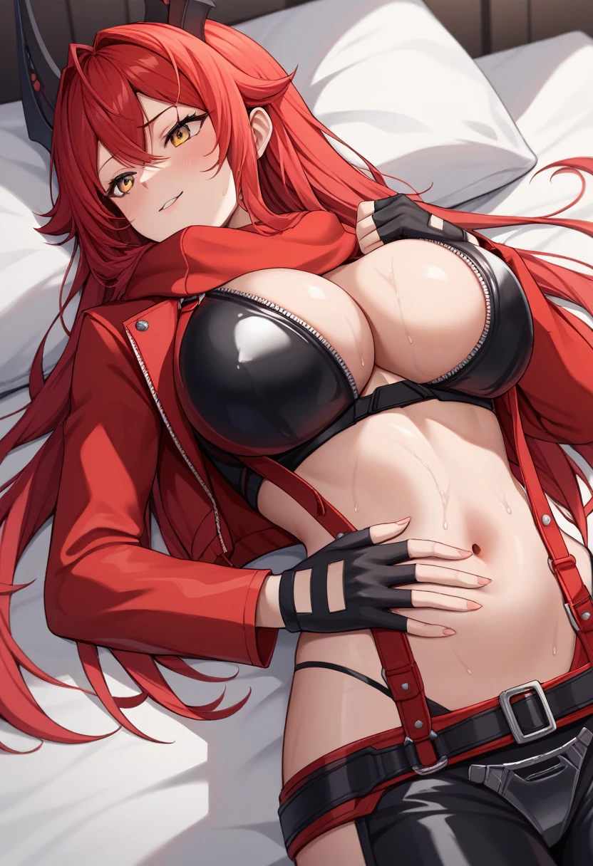 score_9, score_8_up, score_7_up, source_anime, illustration, BREAK 1girl, solo,(close up breasts:1.4),,wet skin,nikkeredhood, red hair, long hair, headgear, yellow eyes, red scarf, crop jacket, red jacket, black shrug \(clothing\), midriff, zipper, cleavage, large breasts, suspenders, fingerless gloves, room, indoors, looking up, lying, lying on bed, hand on stomach, hands on own stomach, bed, disgusting face