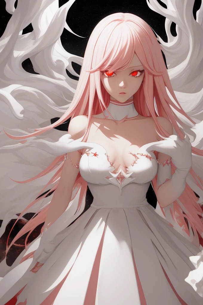 masterpiece, White glowing coral pink hair, long hair, glowing red eyes
Eyes, torn white shoulder strap dress, suspicious atmosphere, eerie,  small breasts, white skirt, thin body, Cool Beauty, red concentrated line background,  collarbone, red energy bullet, fire, starry star scloud colorful, arms, hands, peace sign, finger, nail, skin suit, ,