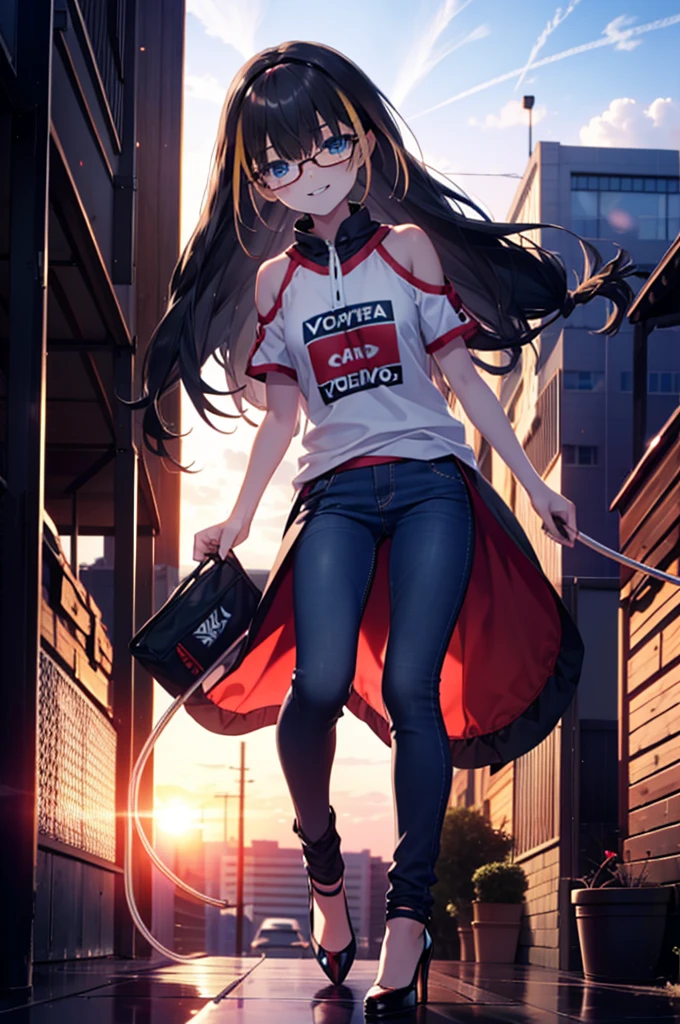 small, small, Black Hair, blue eyes, demon tail, hair band, Long Hair, mechanical tail, Multicolored Hair, tail, smile,Grin,tooth,Black-rimmed glasses,Cold shoulder tops,Short sleeve,Skinny jeans,Stiletto heels,morning,morning陽,The sun is rising,Walking,whole bodyがイラストに入るように,
break looking at viewer, whole body,
break outdoors,Building district,
break (masterpiece:1.2), Highest quality, High resolution, unity 8k wallpaper, (figure:0.8), (beautiful detailed eyes:1.6), extremely detailed face, Perfect lighting, extremely detailed CG, (Perfect hands, Perfect Anatomy),