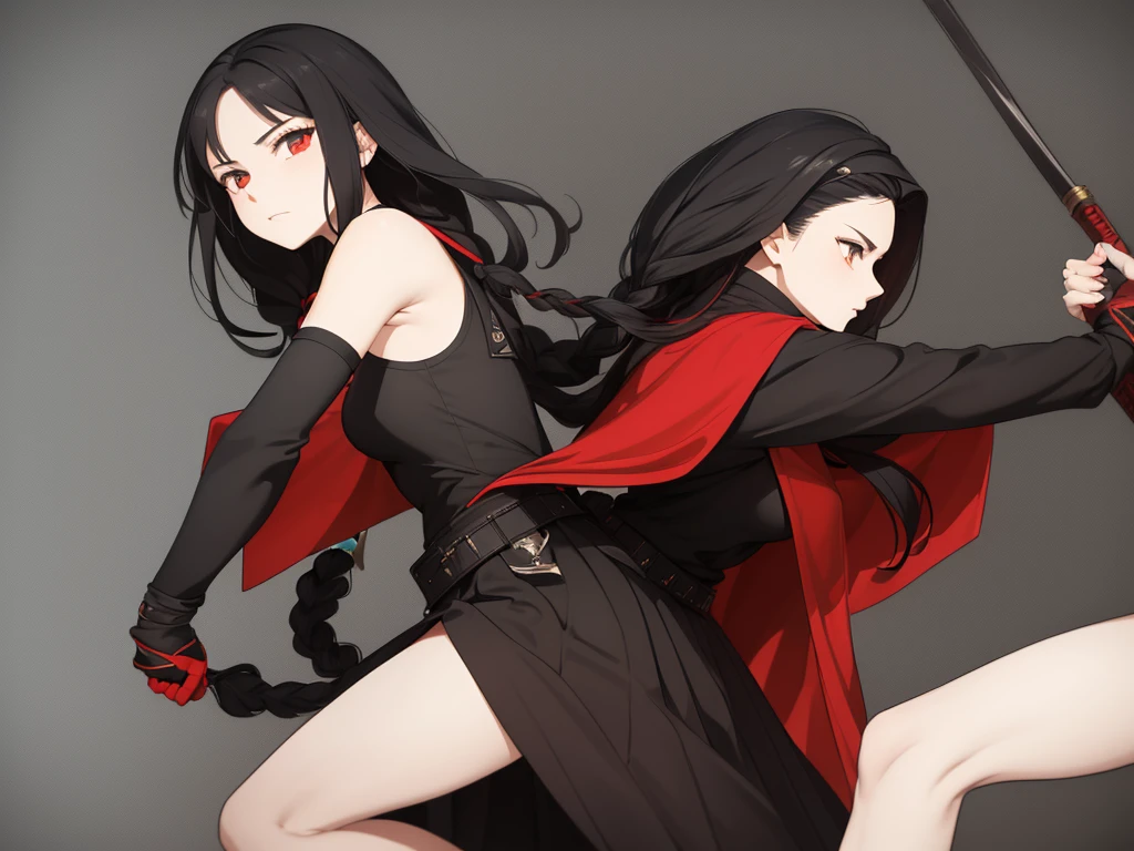 Color: Long, black hair that she keeps in a neat braid. The braid symbolizes her disciplined nature and the way she has methodically pieced together her past and present.
Style: The braid is practical for travel and combat, keeping her hair out of her face and adding a touch of elegance to her warrior-like demeanor.
Cloak: A black cloak with a red lining. The black exterior symbolizes mystery and stealth, while the red interior represents her inner fire and passion. The cloak is designed to be both protective against the elements and versatile for movement.
Shirt: A fitted red shirt that nearly covers her neck, highlighting her readiness for battle while providing a contrast to the darker outer layers of her attire. The high neck offers additional protection and adds to her sophisticated look.
Pants: Black, durable pants that are practical for travel and combat. They are designed for flexibility and comfort, allowing her to move freely and swiftly.
Belt and Accessories: A main belt at her waistline for securing her pants and carrying her primary necessities.
Additional belts around her waist for holding various items, such as small weapons, pouches for supplies, and any artifacts or items she might need on her journey.
Skirt: A long-length skirt that covers the sides and back of her legs, with the front open for practicality in combat. This design offers a blend of protection and mobility, with the colors matching her cloak (black on the outside and red on the inside), symbolizing her dual nature of being both a fierce warrior and a guardian of ancient knowledge.