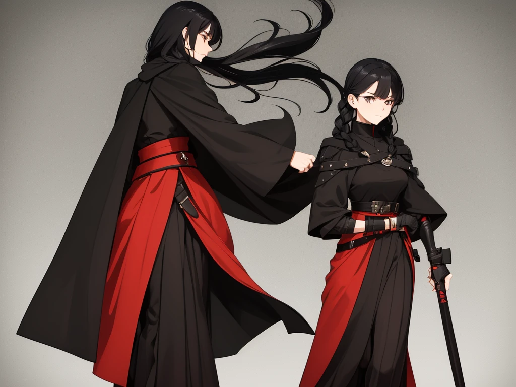 Color: Long, black hair that she keeps in a neat braid. The braid symbolizes her disciplined nature and the way she has methodically pieced together her past and present.
Style: The braid is practical for travel and combat, keeping her hair out of her face and adding a touch of elegance to her warrior-like demeanor.
Cloak: A black cloak with a red lining. The black exterior symbolizes mystery and stealth, while the red interior represents her inner fire and passion. The cloak is designed to be both protective against the elements and versatile for movement.
Shirt: A fitted red shirt that nearly covers her neck, highlighting her readiness for battle while providing a contrast to the darker outer layers of her attire. The high neck offers additional protection and adds to her sophisticated look.
Pants: Black, durable pants that are practical for travel and combat. They are designed for flexibility and comfort, allowing her to move freely and swiftly.
Belt and Accessories: A main belt at her waistline for securing her pants and carrying her primary necessities.
Additional belts around her waist for holding various items, such as small weapons, pouches for supplies, and any artifacts or items she might need on her journey.
Skirt: A long-length skirt that covers the sides and back of her legs, with the front open for practicality in combat. This design offers a blend of protection and mobility, with the colors matching her cloak (black on the outside and red on the inside), symbolizing her dual nature of being both a fierce warrior and a guardian of ancient knowledge.