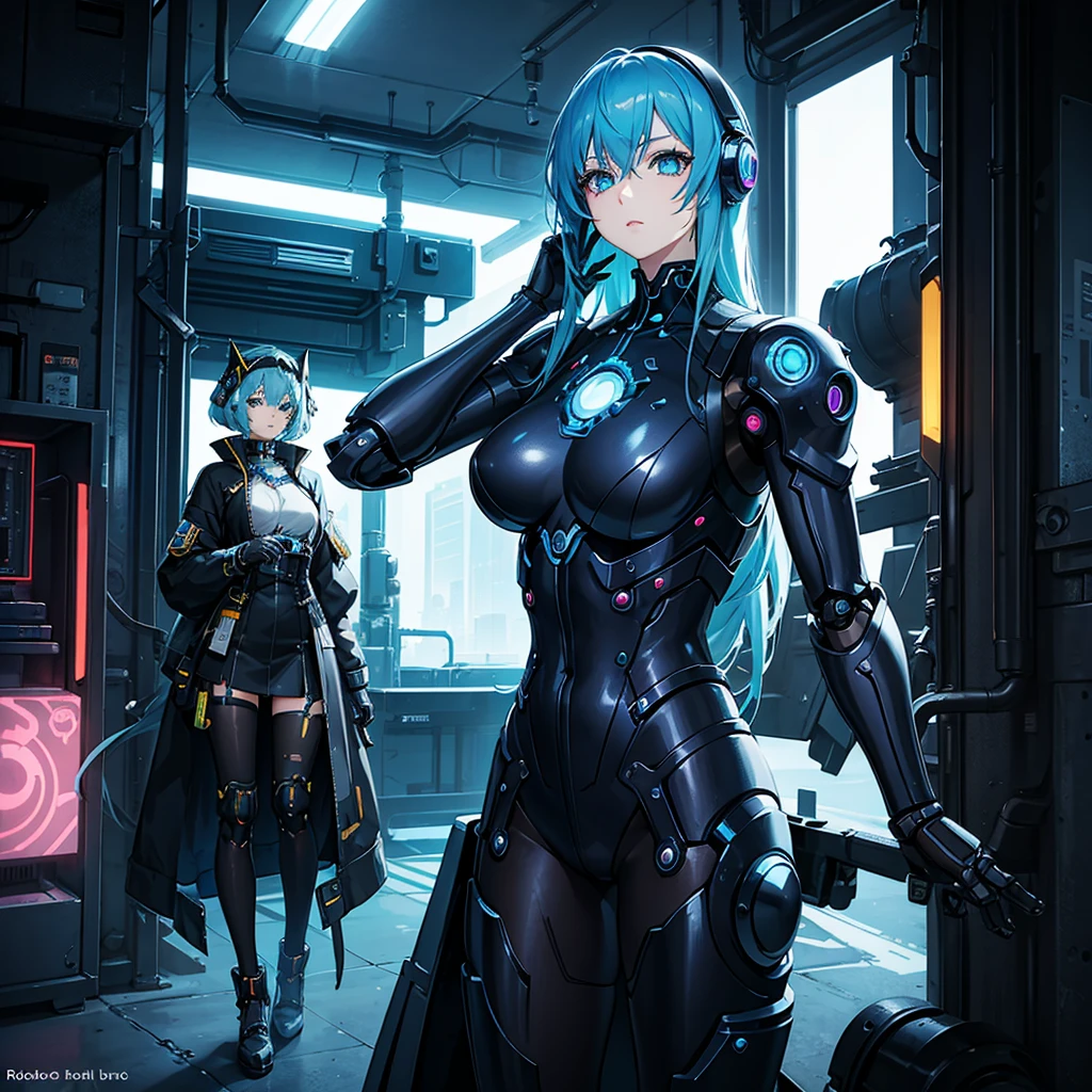 robotic girl, perfect anime girl, futuristic goddess, cyberpunk, steam punk style, blue shades