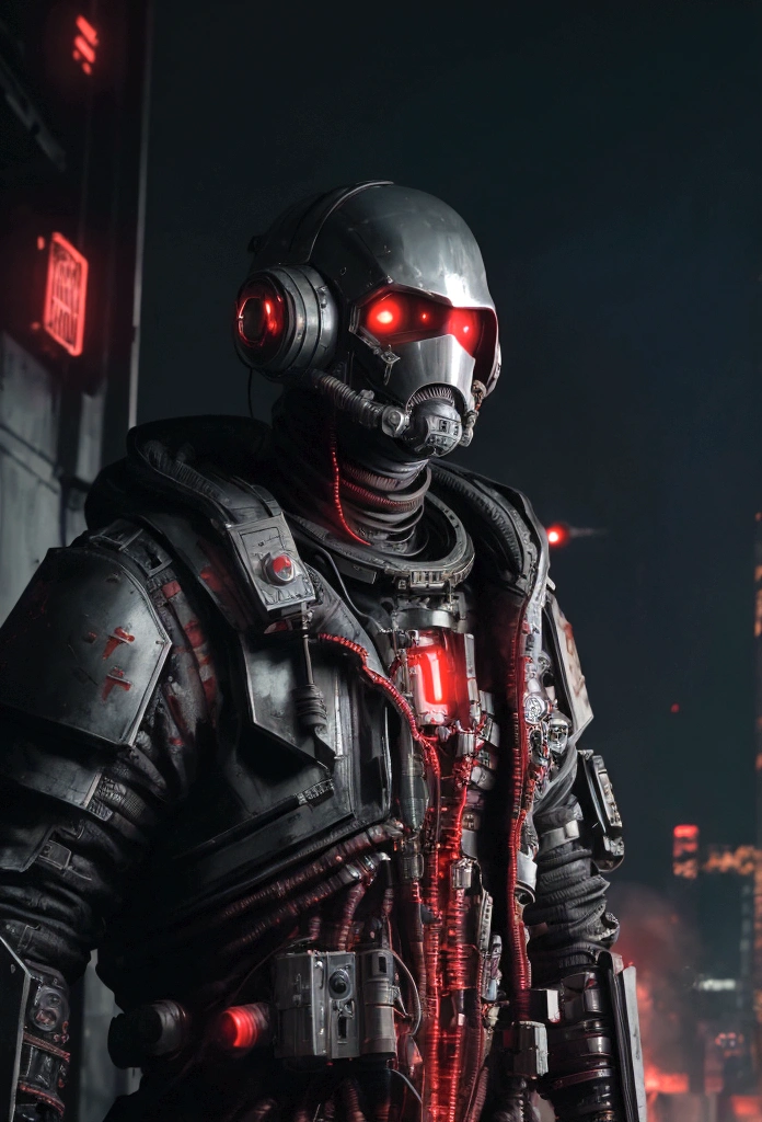  
(extremely detailed 8k wallpaper), a medium shot photo of cyberpunk scary Grim dressed as a dirty astronaut in an armour made of red glowing wires from marvel, cyberpunk theme, intricate, high detail, dramatic, old scary building in the background