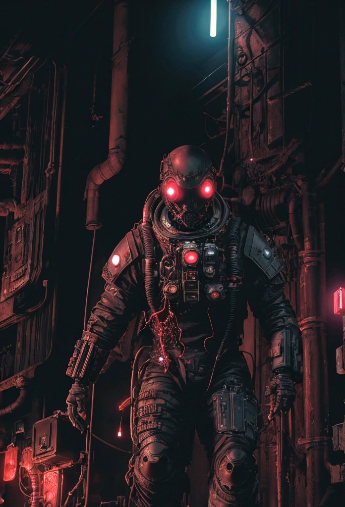 (extremely detailed 8k wallpaper), a medium shot photo of cyberpunk scary Grim dressed as a dirty astronaut in an armour made of red glowing wires from marvel, cyberpunk theme, intricate, high detail, dramatic, old scary building in the background
