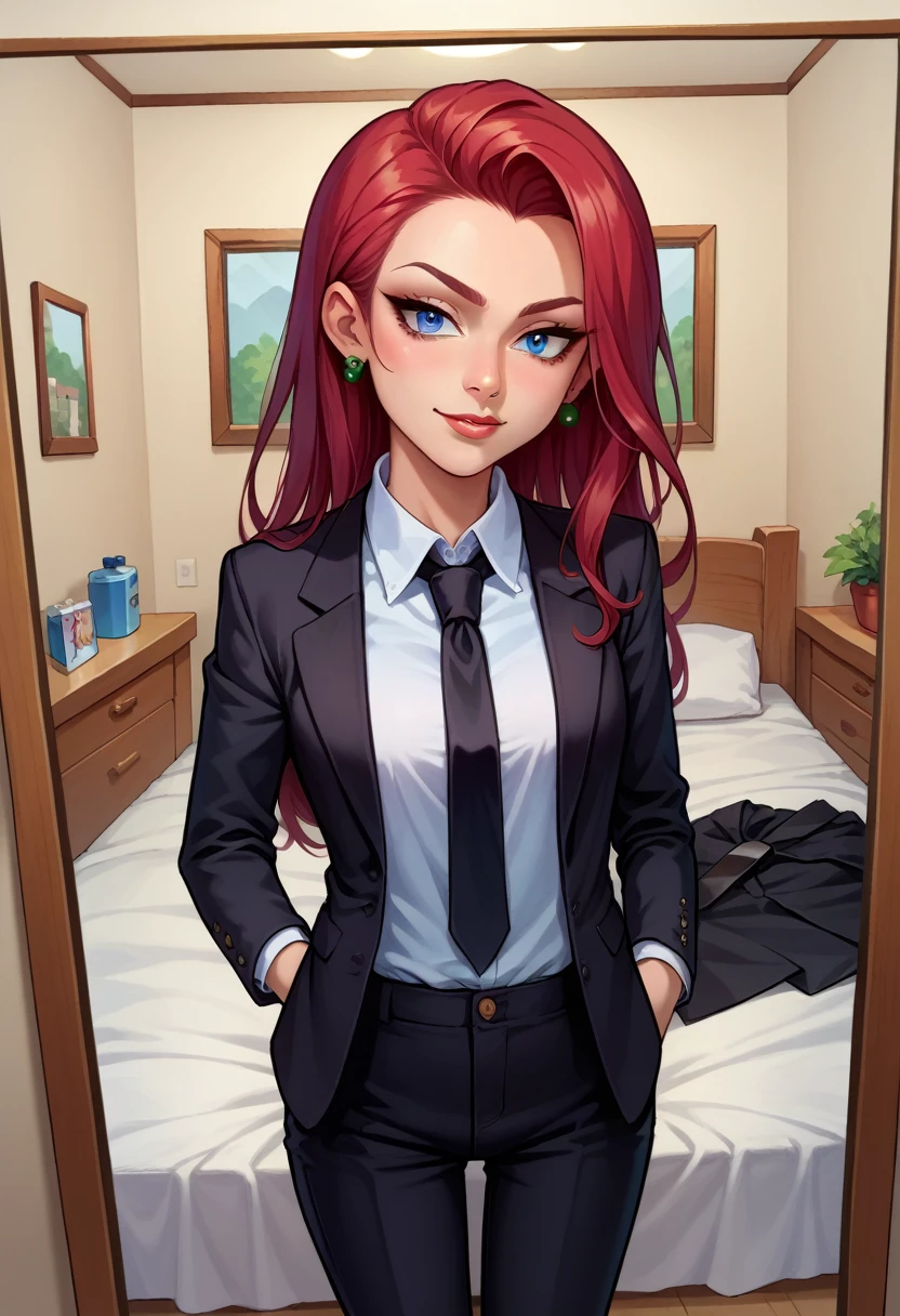 score_9,score_8_up,score_7_up,score_6_up, source_anime, 1girl, solo, EPpkJessie, long hair, blue eyes, red hair, hair slicked back, business suit, black pants, white collared shirt, black suit, black jacket, black necktie, selfie, taking picture, mirror selfie, bedroom, bed, mirror,