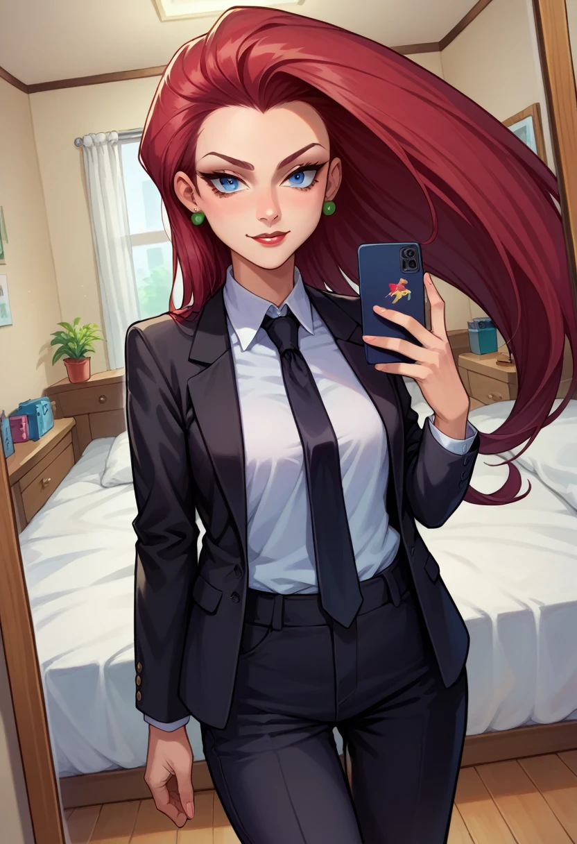 score_9,score_8_up,score_7_up,score_6_up, source_anime, 1girl, solo, EPpkJessie, long hair, blue eyes, red hair, hair slicked back, business suit, black pants, white collared shirt, black suit, black jacket, black necktie, selfie, taking picture, mirror selfie, bedroom, bed, mirror,