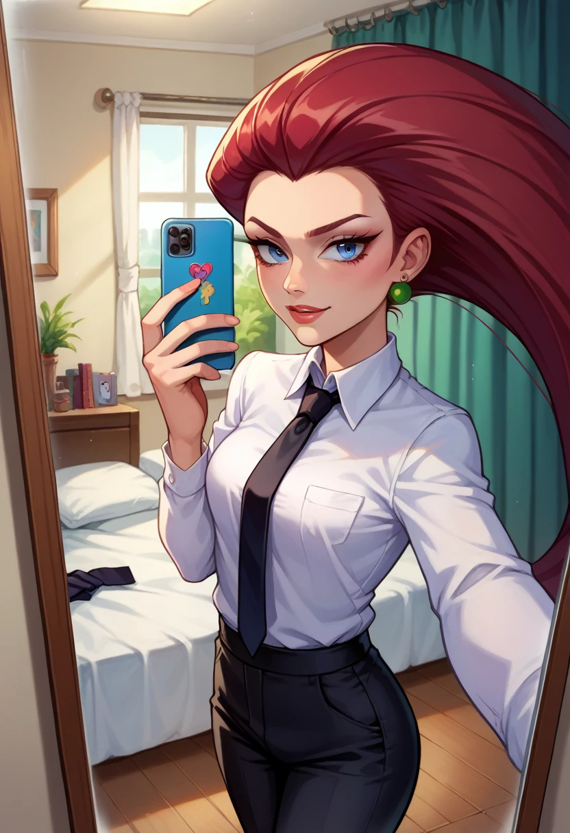 score_9,score_8_up,score_7_up,score_6_up, source_anime, 1girl, solo, EPpkJessie, long hair, blue eyes, red hair, hair slicked back, business suit, black pants, white collared shirt, black suit, black jacket, black necktie, selfie, taking picture, mirror selfie, bedroom, bed, mirror,