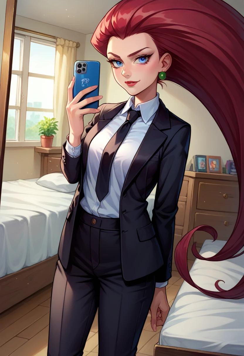 score_9,score_8_up,score_7_up,score_6_up, source_anime, 1girl, solo, EPpkJessie, long hair, blue eyes, red hair, hair slicked back, business suit, black pants, white collared shirt, black suit, black jacket, black necktie, selfie, taking picture, mirror selfie, bedroom, bed, mirror,