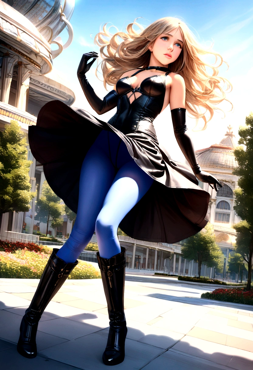 20yr old jennifer aniston, very puffy curly hair, wind upskirt, long black elbow gloves, SUPER REALISTIC FULL DETAILED LONG BLUE PANTYHOSE CROTCH, long boots, sun light park