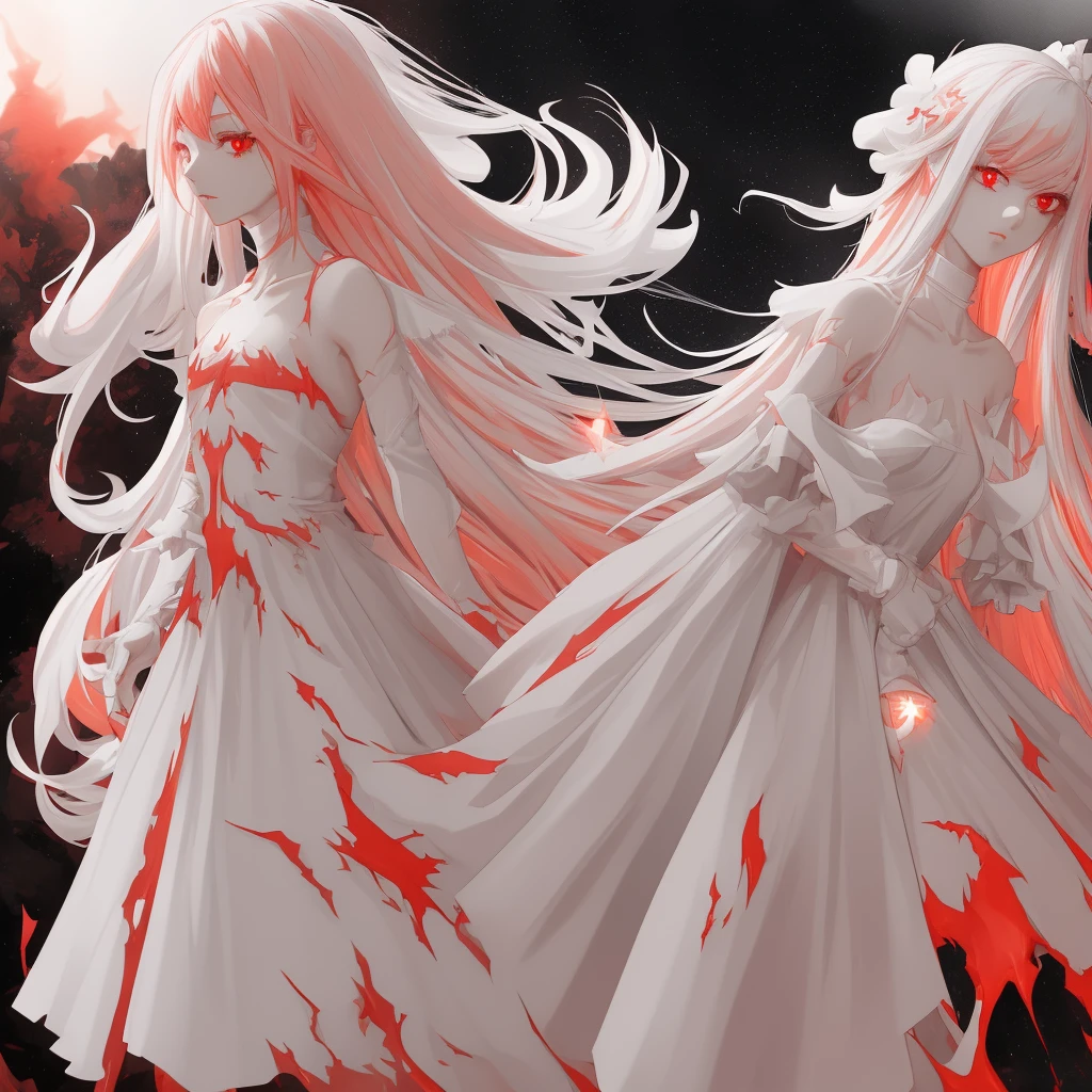 masterpiece, White glowing coral pink hair, long hair, glowing red eyes
Eyes, torn white shoulder strap dress, suspicious atmosphere, eerie,  small breasts, white skirt, thin body, Cool Beauty, red concentrated line background,  collarbone, red energy bullet, fire, starry star scloud colorful, arms, hands, peace sign, finger, nail, skin suit, ,