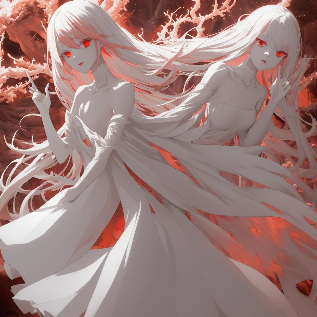 masterpiece, White glowing coral pink hair, long hair, glowing red eyes
Eyes, torn white shoulder strap dress, suspicious atmosphere, eerie,  small breasts, white skirt, thin body, Cool Beauty, red concentrated line background,  collarbone, red energy bullet, fire, starry star scloud colorful, arms, hands, peace sign, finger, nail, skin suit, ,