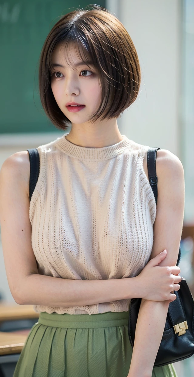  Highest quality, shape, Very detailed, finely, High resolution, 8k wallpaper, 完璧なダイナミックな構shape, Beautiful and exquisite,  Natural Lip, whole body, front,Shyness、Embarrassed expression、Large Breasts、Slightly sagging breasts、Bob Cut Hair、University classroom、Pleated skirt、((looking at the camera))、Brown Hair、sweater,ノースリーブsweater, ((shoulder bag, paisura, strap between breasts))