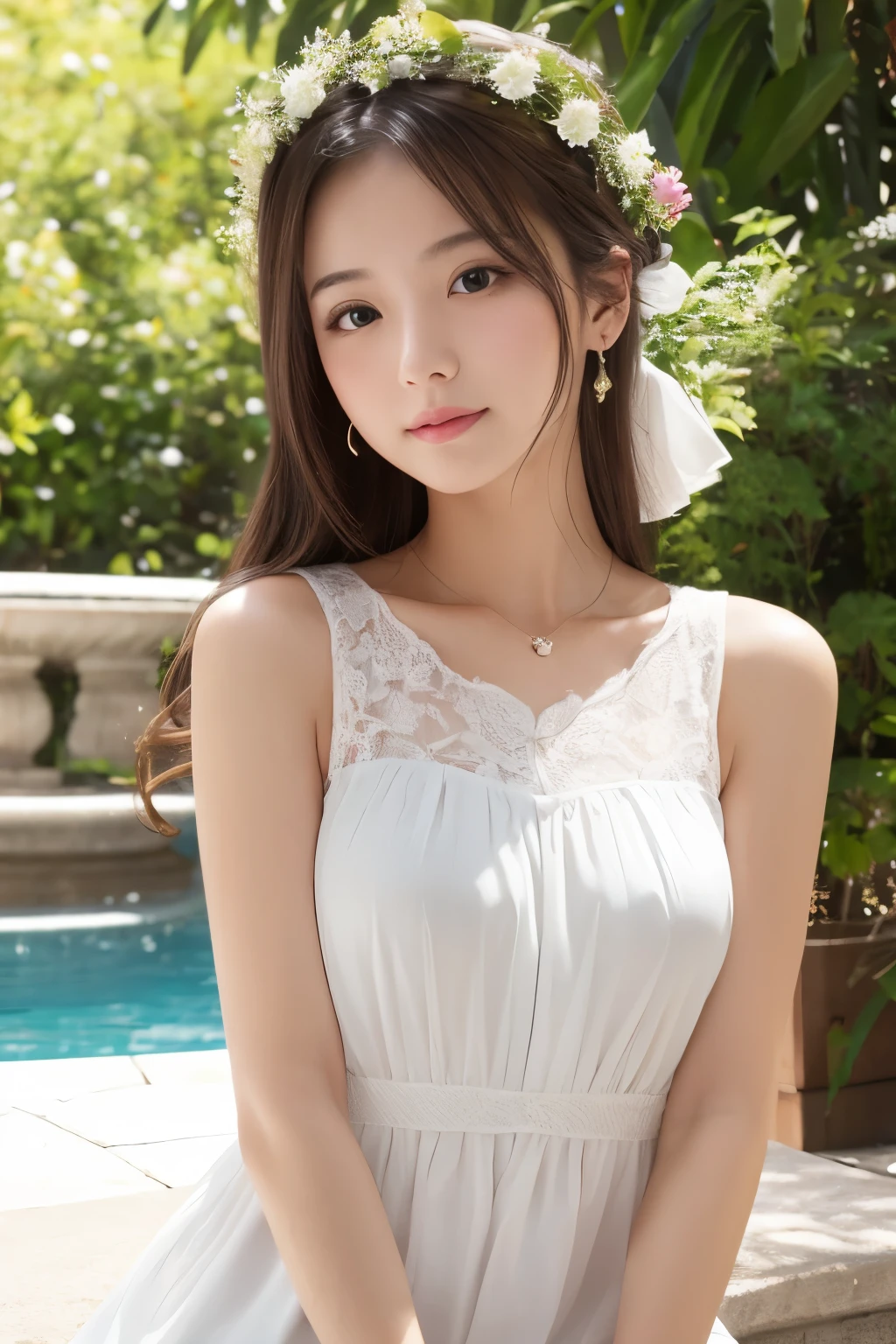 ((Highest quality)), ((masterpiece)), (detailed), One girl, White sleeveless、I'm not wearing underwear、The skirt is flipped up、transformation、Slut、cute、Baby Face、Round eyes、A wide-open smile with the corners of the mouth turned up、Spread your legs wide、(Exposing genitals)、sit、Straight Hair、