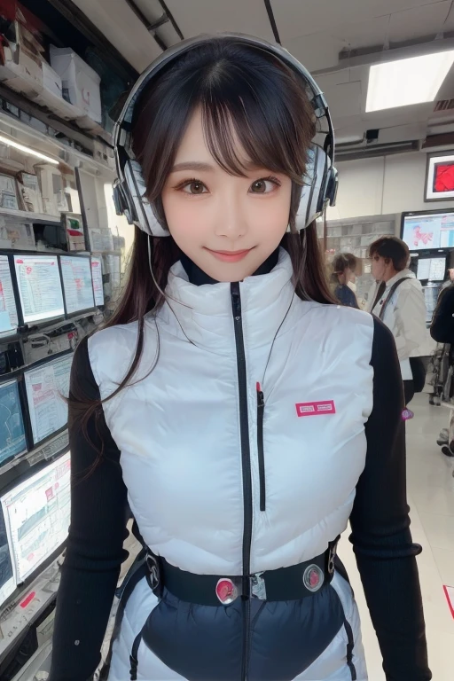 masterpiece, Highest quality, Very detailed, 8K Portrait,Japanese Android Girl,plump , Control panel,Robotic arms and legs, Blunt bangs,,break (Metallic Gray, Metallic luster, Mirror finish, Astro Best):5,headphone:5,break (Black sleeves):100,Smart Watches,Futuristic space station,Control Room,break headphone,blue eyes,(Black Hair):2,(Long Hair):1.3,Displaying the viewer,(respirator),break blush:3,Hidden Hand,smile