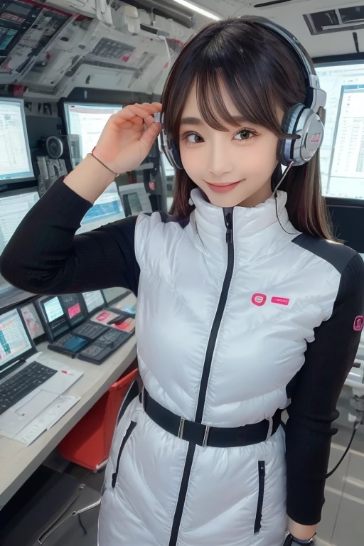masterpiece, Highest quality, Very detailed, 8K Portrait,Japanese Android Girl,plump , Control panel,Robotic arms and legs, Blunt bangs,,break (Metallic Gray, Metallic luster, Mirror finish, Astro Best):5,headphone:5,break (Black sleeves):100,Smart Watches,Futuristic space station,Control Room,break headphone,blue eyes,(Black Hair):2,(Long Hair):1.3,Displaying the viewer,(respirator),break blush:3,Hidden Hand,smile