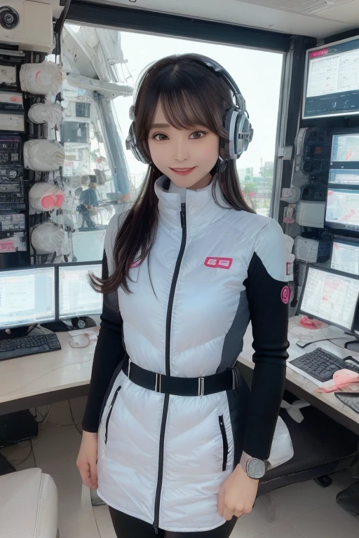 masterpiece, Highest quality, Very detailed, 8K Portrait,Japanese Android Girl,plump , Control panel,Robotic arms and legs, Blunt bangs,,break (Metallic Gray, Metallic luster, Mirror finish, Astro Best):5,headphone:5,break (Black sleeves):100,Smart Watches,Futuristic space station,Control Room,break headphone,blue eyes,(Black Hair):2,(Long Hair):1.3,Displaying the viewer,(respirator),break blush:3,Hidden Hand,smile