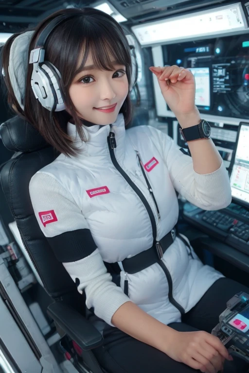 masterpiece, Highest quality, Very detailed, 8K Portrait,Japanese Android Girl,plump , Control panel,Robotic arms and legs, Blunt bangs,,break (Metallic Gray, Metallic luster, Mirror finish, Astro Best):5,headphone:5,break (Black sleeves):100,Smart Watches,Futuristic space station,Control Room,break headphone,blue eyes,(Black Hair):2,(Long Hair):1.3,Displaying the viewer,(respirator),break blush:3,Hidden Hand,smile