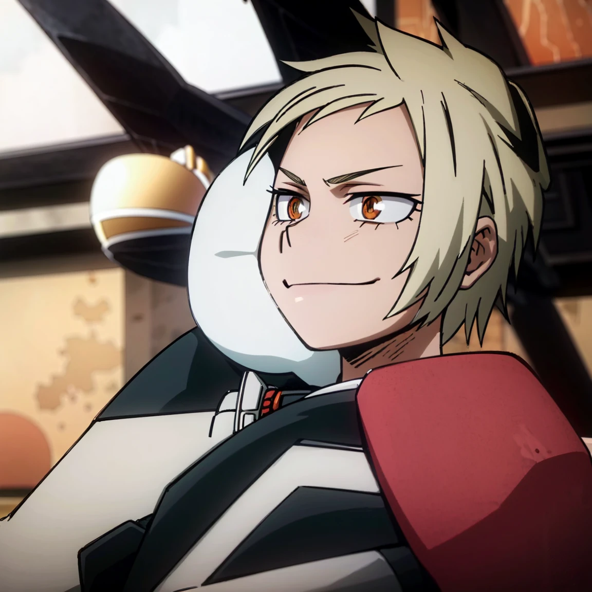 1boy, male focus, boku no hero academia, masterpiece, best quality, very aesthetic, absurdres, short spiky hair, short low ponytail hair, deep orange hair, scarlet eyes, smirk, gray jacket, red tie, white shirt, teal pants, boots