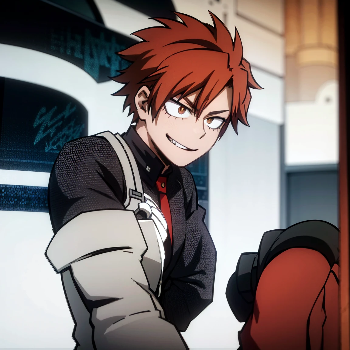 1boy, male focus, boku no hero academia, masterpiece, best quality, very aesthetic, absurdres, short spiky hair, short low ponytail hair, deep orange hair, scarlet eyes, smirk, gray jacket, red tie, white shirt, teal pants, boots