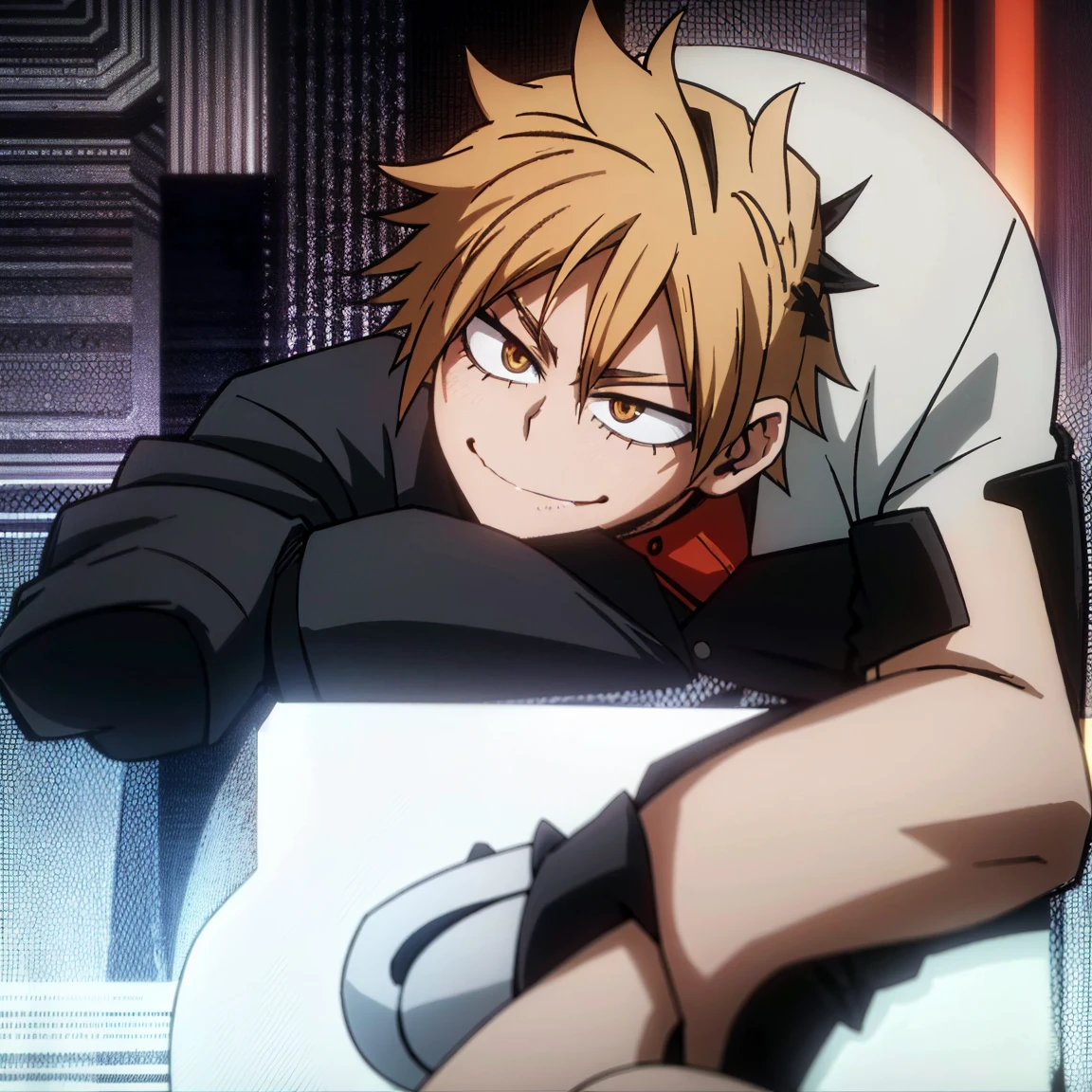 1boy, male focus, boku no hero academia, masterpiece, best quality, very aesthetic, absurdres, short spiky hair, short low ponytail hair, deep orange hair, scarlet eyes, smirk, gray jacket, red tie, white shirt, teal pants, boots