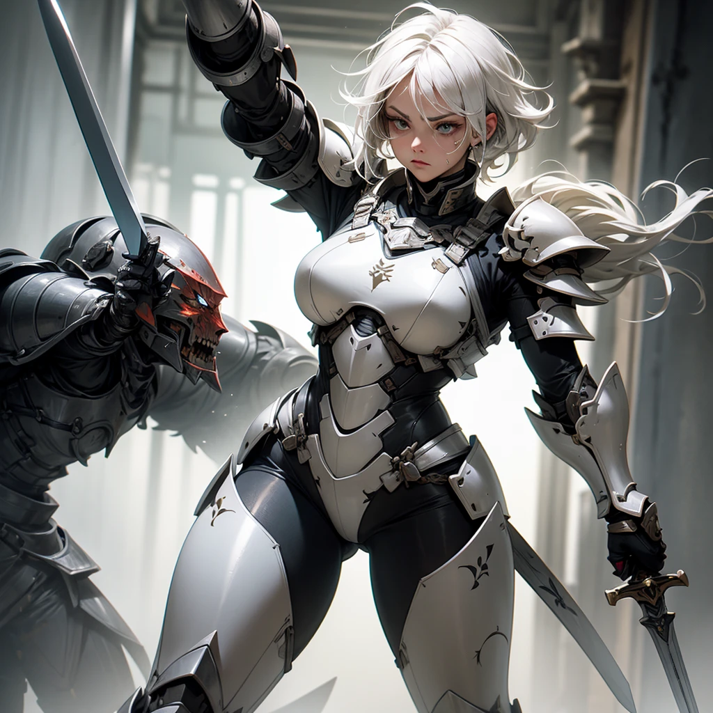 Strong woman, battle suit, white hair, small tattoo on left cheek, Fleming sword, tall, fighting demons, thick battle armor, knight armor