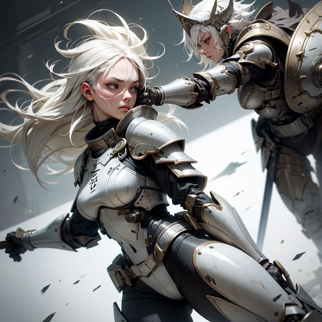 Strong woman, battle suit, white hair, small tattoo on left cheek, Fleming sword, tall, fighting demons, thick battle armor, knight armor