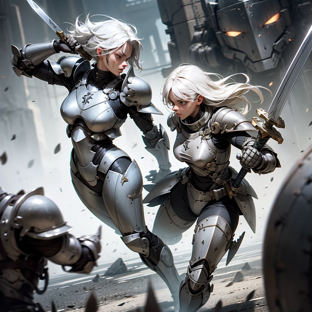 Strong woman, battle suit, white hair, small tattoo on left cheek, Fleming sword, tall, fighting demons, thick battle armor, knight armor