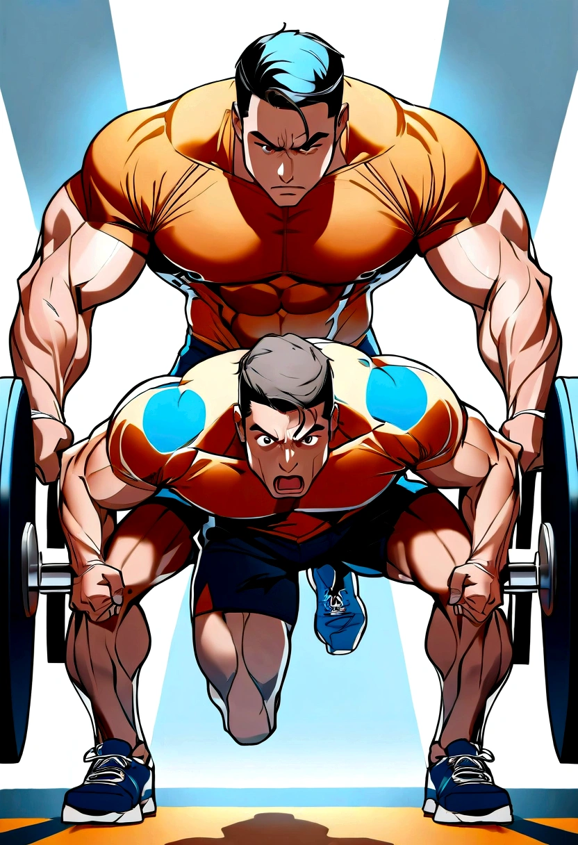 Un homme qui lutte pour soulever une haltère minuscule :Un bodybuilder musclé, concentrates intensely on an exercise.
Ses muscles sont tellement tendus que la peau de son bras droit commence à craquer.
Dans un effort titanesque, 
Le bodybuilder, surprised and shocked, loses control of dumbbells, qui s'écrasent sur le sol avec un bruit assourdissant.
L'impact déclenche une réaction en chaîne, faisant tomber des machines de musculation en domino dans toute la salle.