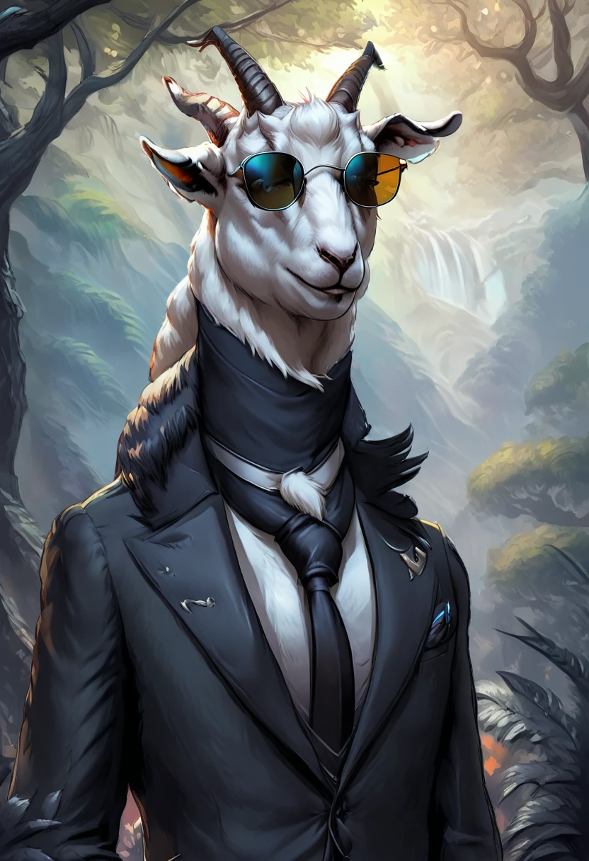 a goat in a black suit, wearing sunglasses,gentleman goat,furry art,oc character,drawing style,looking at landscape,forest background,high quality,detailed,cinematic lighting,cold color tones, professional artwork, masterpiece