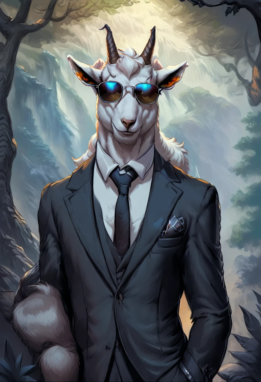 a goat in a black suit, wearing sunglasses,gentleman goat,furry art,oc character,drawing style,looking at landscape,forest background,high quality,detailed,cinematic lighting,cold color tones, professional artwork, masterpiece