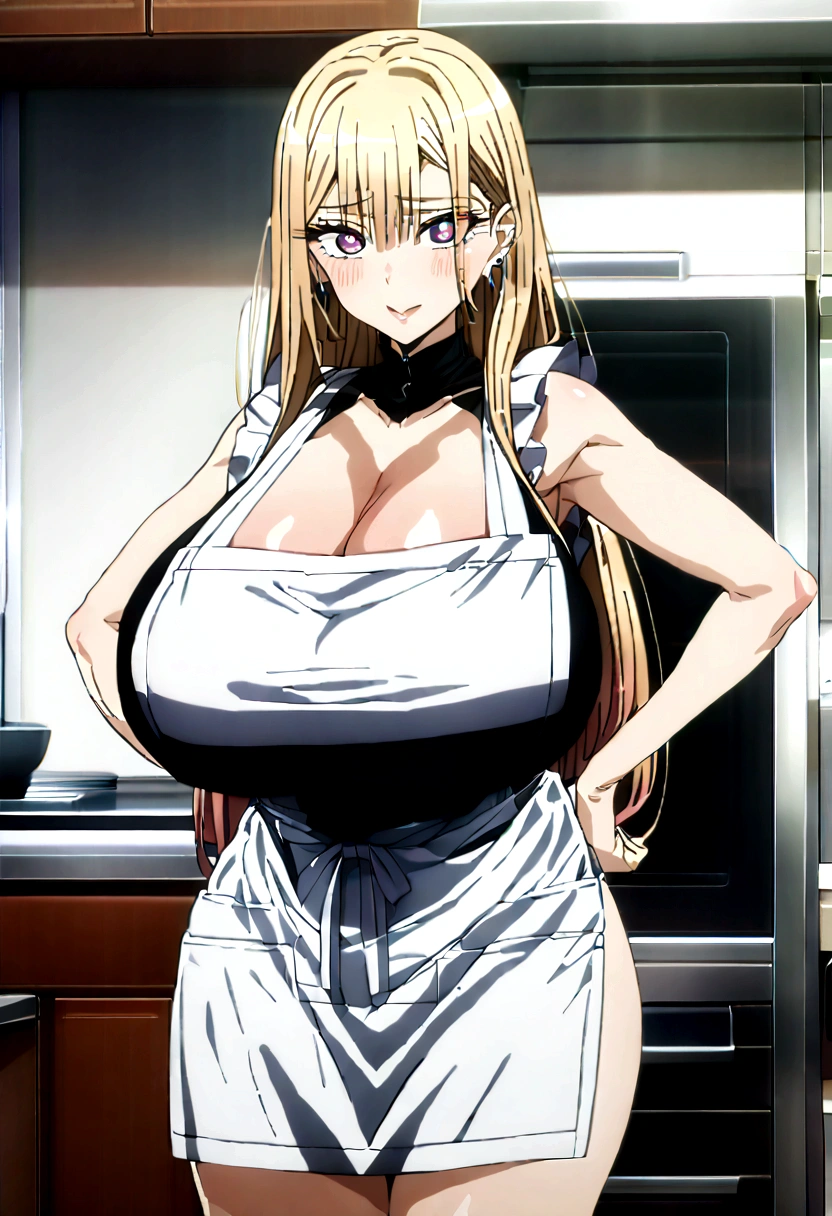 (masterpiece:1.2),(Shiny skin:1.4), Full Body, anime, (anime style:1.5), Detailed cloth texture, Detailed hair texture, One girl, 18 year old girl, sexy pose, kitchen background, Long eyelashes, Lips parted, shining pink lips, Heart shaped pupils, seducive smile (The body is slim:1.1), (Beautiful blonde long hair:1.2), (Huge breasts:1.6), Floating Hair, (bangs), (white apron only), (Cleavage), ( Earrings), Blushing, close to male viewer