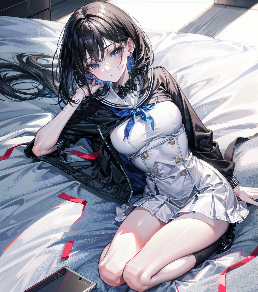 RAW photo, extremely delicate and beautiful, masterpiece, Best Quality, ultra high resolution, 16k, hyperrealistic, realistic, photorealistic, photo-realistic, ultra-detailed, detailed description, pale skin, in her 20s, very Slim body, narrow waist, very small head, very small face, delicate facial features, ((full body)), ((big tits)), medium hair, black hair, tearful mole, earring, school_uniform,
