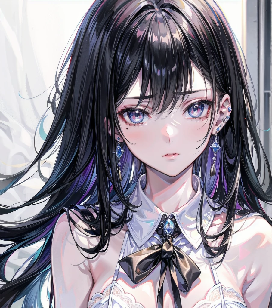 RAW photo, extremely delicate and beautiful, masterpiece, Best Quality, ultra high resolution, 16k, hyperrealistic, realistic, photorealistic, photo-realistic, ultra-detailed, detailed description, pale skin,  in her 20s, very Slim body, narrow waist, very small head, very small face, delicate facial features, ((full body)), ((big tits)), medium hair, black hair, tearful mole, earring, school_uniform,