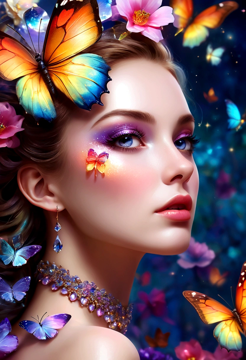 moon light,the arrival of spring, various beautiful flower
, Beautiful Rainbow-colored feathers swallowtail butterfly,angles looking up from below, various jewels falling from the sky, wonderful and beautiful superb view, slightly hazy, fantastic, high resolution, 8K, (best quality, highres, realistic:1.37), shiny metallic flowers, intricate and delicate petals, reflective surfaces, vibrant colors, intricate details, close-up view, surreal garden, surreal beauty, dreamy atmosphere, fine art, abstract botanicals, metallic sculpture, contrasting textures, ethereal glow