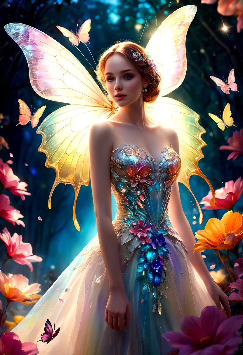 moon light,the arrival of spring, various beautiful flower
, Beautiful Rainbow-colored feathers swallowtail butterfly,angles looking up from below, various jewels falling from the sky, wonderful and beautiful superb view, slightly hazy, fantastic, high resolution, 8K, (best quality, highres, realistic:1.37), shiny metallic flowers, intricate and delicate petals, reflective surfaces, vibrant colors, intricate details, close-up view, surreal garden, surreal beauty, dreamy atmosphere, fine art, abstract botanicals, metallic sculpture, contrasting textures, ethereal glow