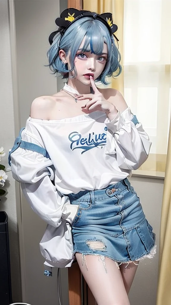 masterpiece, best quality, highly detailed,1girl,indoors, adult, split-color hair, yellow　and　Blue hair, Narrow, sharp eyes、, clothes, blue eyes、From head to toe、mini skirt、
