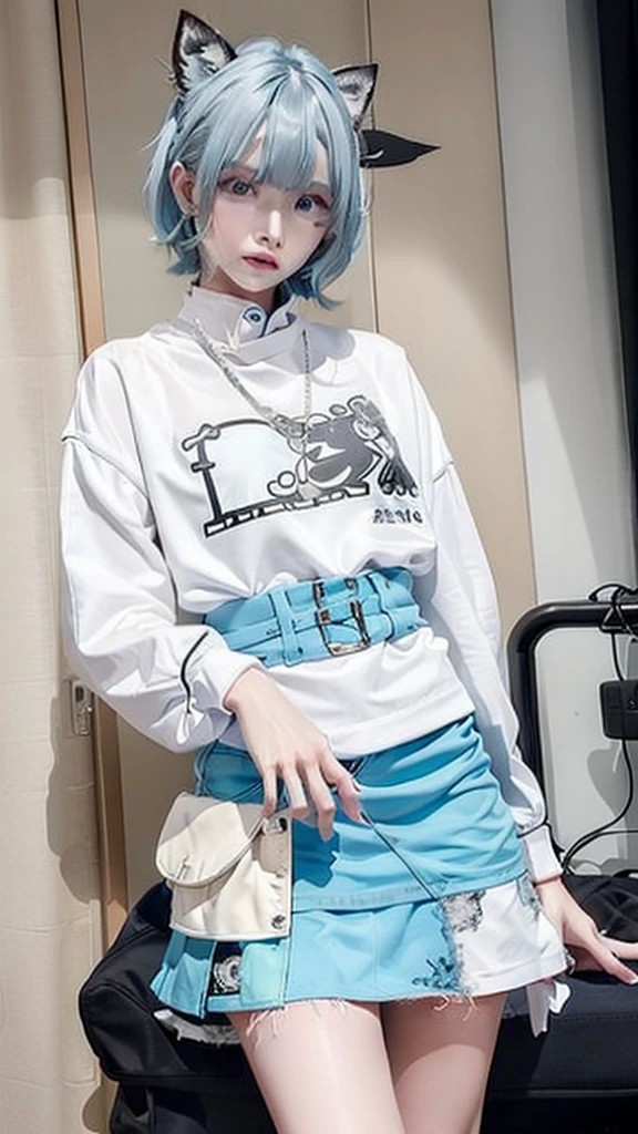 masterpiece, best quality, highly detailed,1girl,indoors, adult, split-color hair, yellow and Blue hair, Narrow, sharp eyes、, clothes, blue eyes、From head to toe、mini skirt、