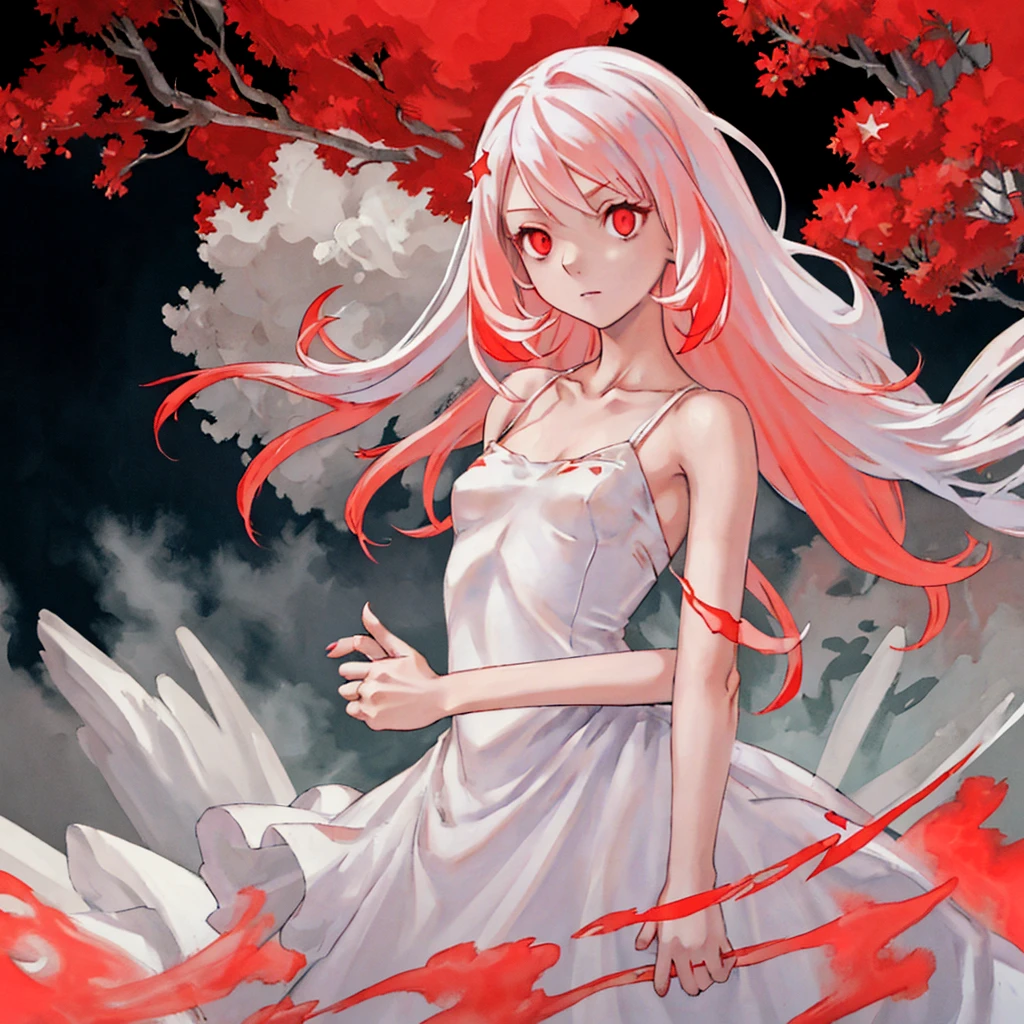 masterpiece, White glowing coral pink hair, long hair, glowing red eyes
Eyes, torn white shoulder strap dress, suspicious atmosphere, eerie,  small breasts, white skirt, thin body, Cool Beauty, red concentrated line background,  collarbone, red energy bullet, fire, starry star scloud colorful, arms, hands, peace sign, finger, nail, skin suit, ,