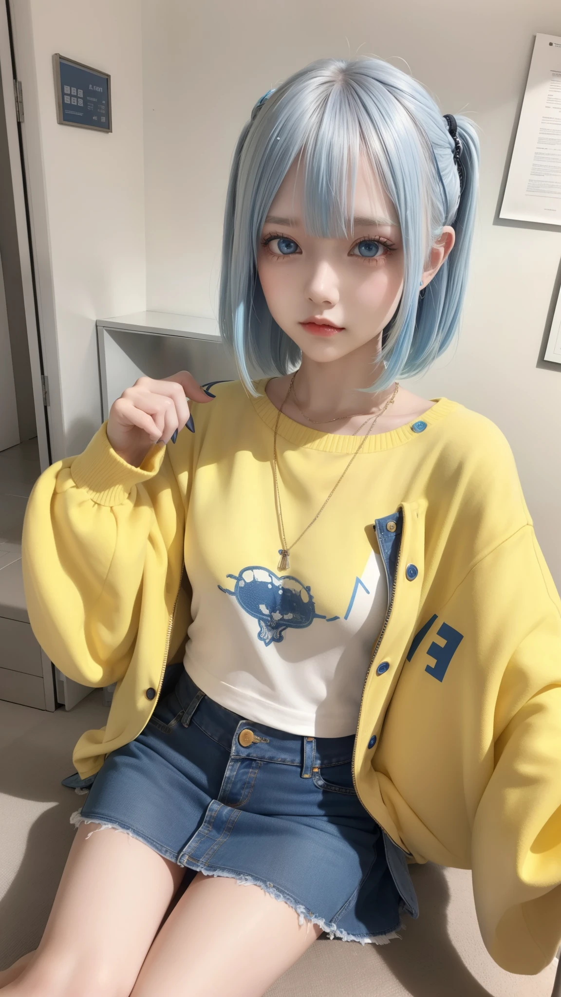 masterpiece, best quality, highly detailed,1girl,indoors, adult, split-color hair, yellow　and　Blue hair, Narrow, sharp eyes、, clothes, blue eyes、From head to toe、mini skirt、