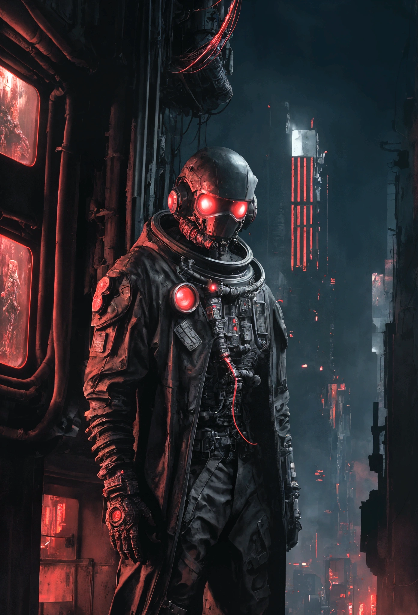  
(extremely detailed 8k wallpaper), a medium shot photo of cyberpunk scary Grim dressed as a dirty astronaut in an armour made of red glowing wires from marvel, cyberpunk theme, intricate, high detail, dramatic, old scary building in the background